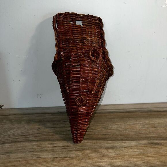 Vintage Mid Century Cornucopia Wicker Basket Brown Serving Tray Wall Pocket - Picture 7 of 7